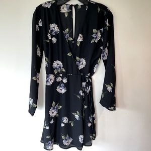 Lush Francesca floral wrap black mini dress, size XS, EUC